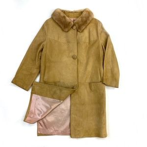 Vintage Genuine Suede Leather Car Coat with Fur Co
